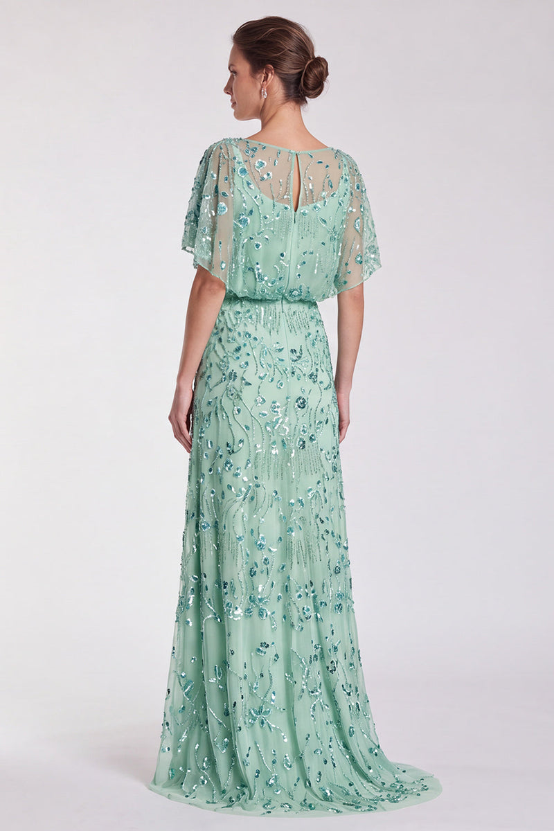 Load image into Gallery viewer, Sparkly Sky Blue Mermaid Floral Beaded Long Formal Dress with Sleeves