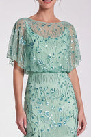 Load image into Gallery viewer, Sparkly Sky Blue Mermaid Floral Beaded Long Formal Dress with Sleeves