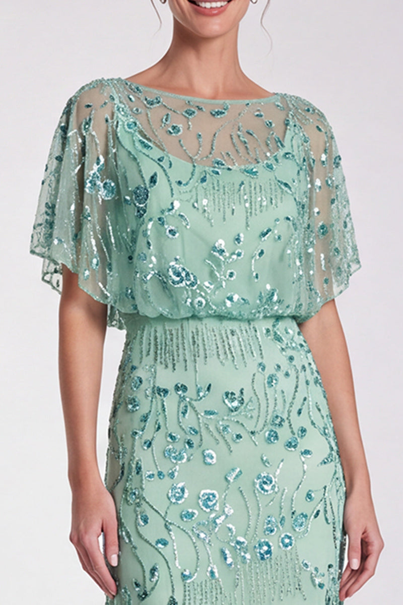 Load image into Gallery viewer, Sparkly Sky Blue Mermaid Floral Beaded Long Formal Dress with Sleeves