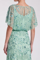 Load image into Gallery viewer, Sparkly Sky Blue Mermaid Floral Beaded Long Formal Dress with Sleeves