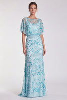 Load image into Gallery viewer, Sparkly Sky Blue Mermaid Floral Beaded Long Formal Dress with Sleeves