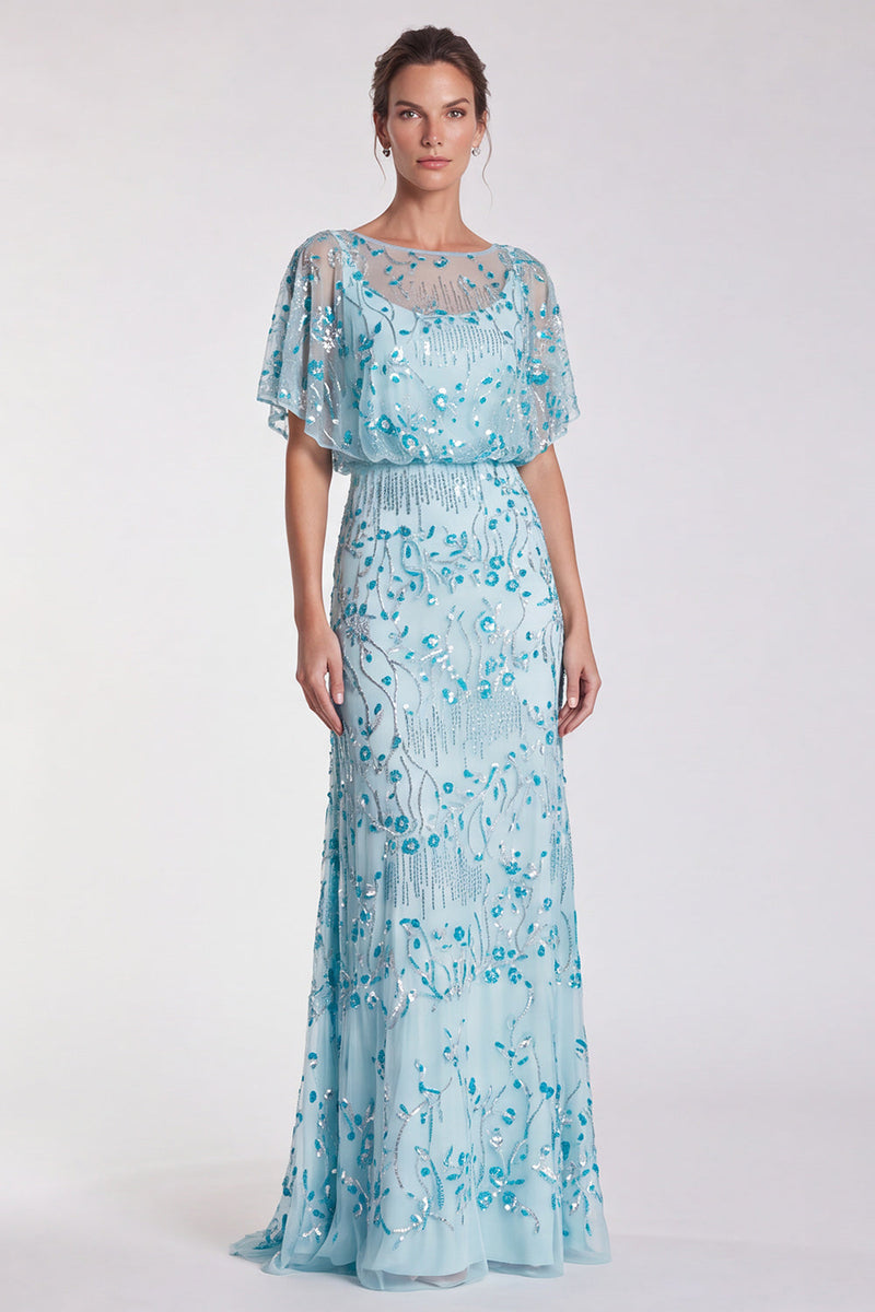 Load image into Gallery viewer, Sparkly Sky Blue Mermaid Floral Beaded Long Formal Dress with Sleeves