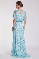 Load image into Gallery viewer, Sparkly Sky Blue Mermaid Floral Beaded Long Formal Dress with Sleeves