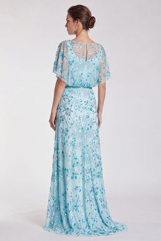 Sparkly Sky Blue Mermaid Floral Beaded Long Formal Dress with Sleeves