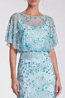 Load image into Gallery viewer, Sparkly Sky Blue Mermaid Floral Beaded Long Formal Dress with Sleeves