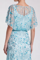 Load image into Gallery viewer, Sparkly Sky Blue Mermaid Floral Beaded Long Formal Dress with Sleeves