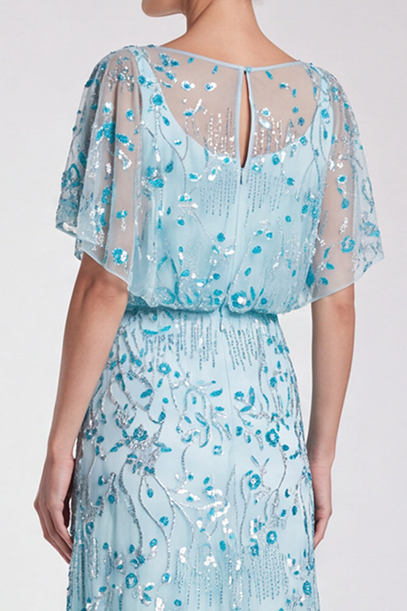 Load image into Gallery viewer, Sparkly Sky Blue Mermaid Floral Beaded Long Formal Dress with Sleeves