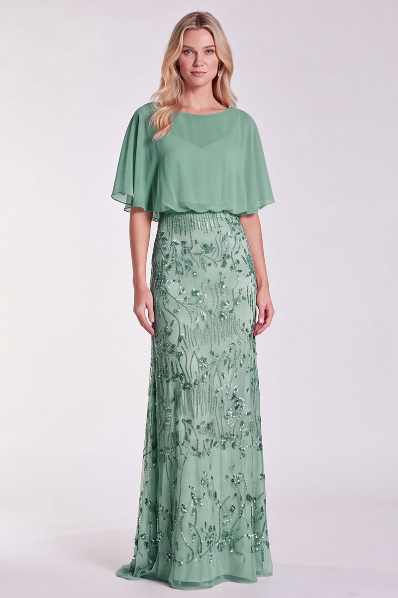 Load image into Gallery viewer, Sparkly Floral Sage Green Mermaid  Beaded Long Formal Dress with Sleeves