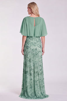 Sparkly Floral Sage Green Mermaid  Beaded Long Formal Dress with Sleeves