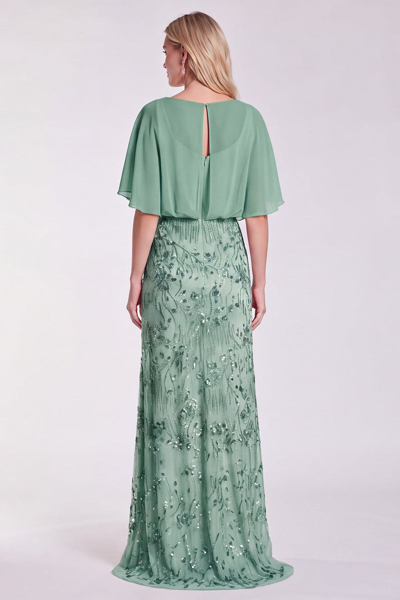 Load image into Gallery viewer, Sparkly Floral Sage Green Mermaid  Beaded Long Formal Dress with Sleeves