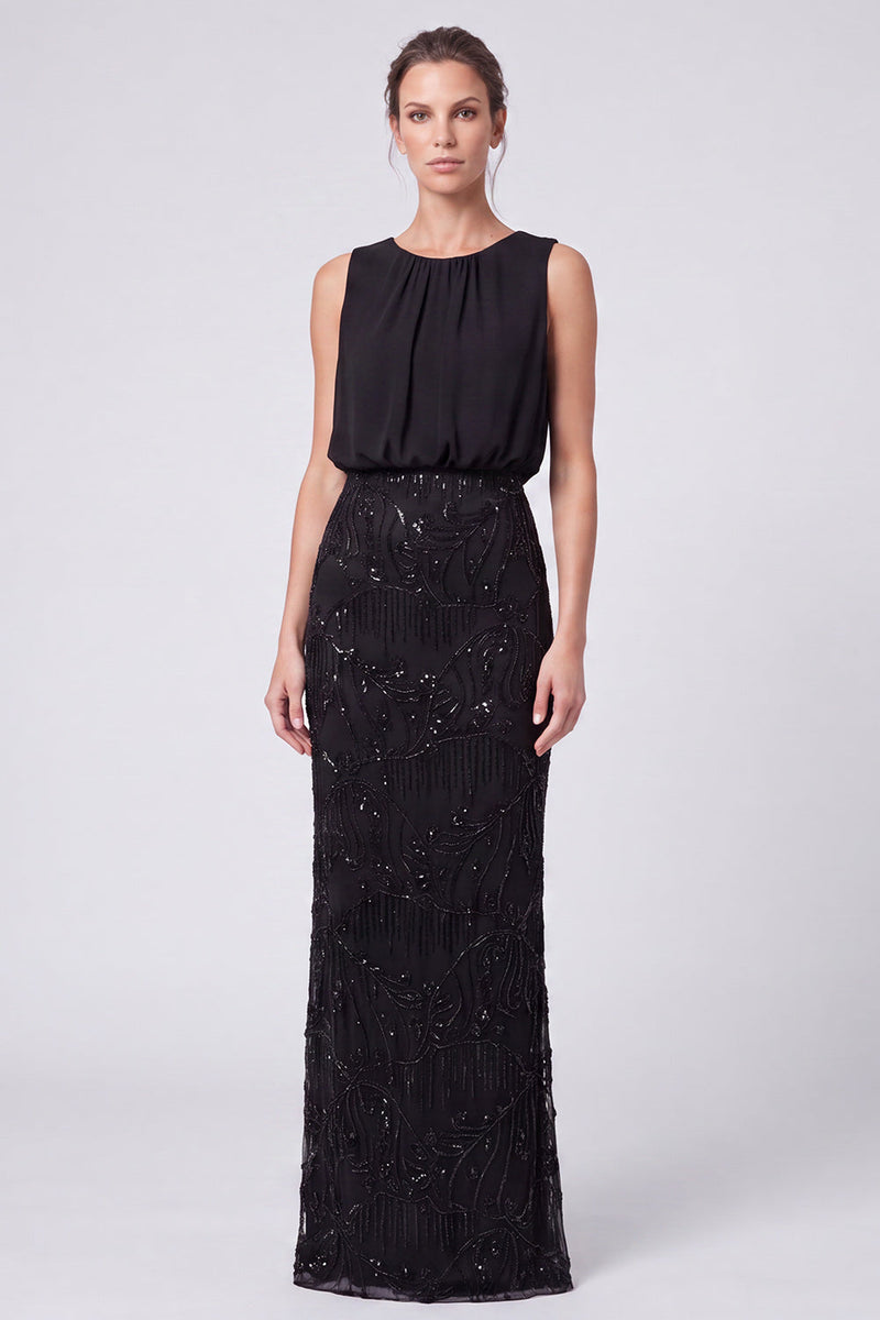 Load image into Gallery viewer, Black Floral Sheath Sparkly Beaded Long Formal Dress with Sequins