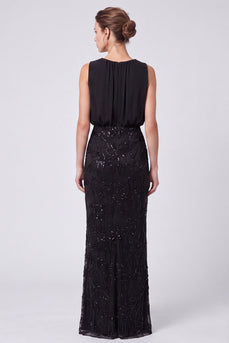 Black Floral Sheath Sparkly Beaded Long Formal Dress with Sequins