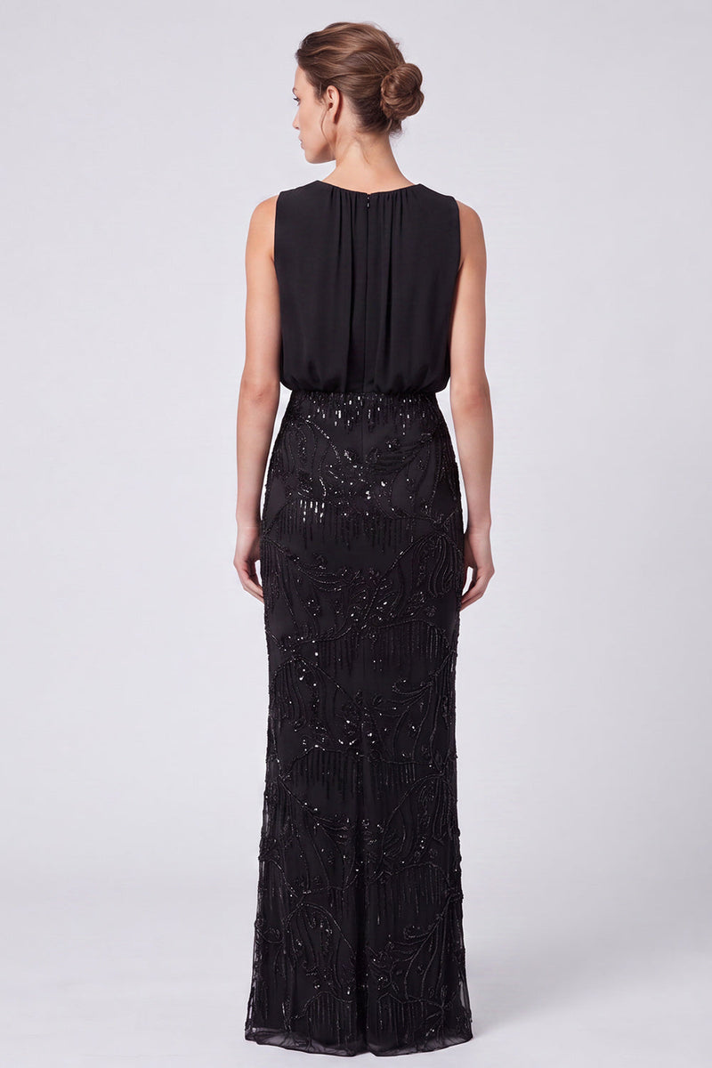 Load image into Gallery viewer, Black Floral Sheath Sparkly Beaded Long Formal Dress with Sequins
