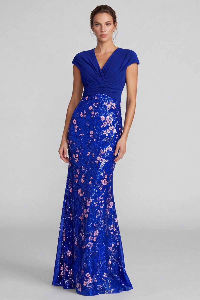 Load image into Gallery viewer, Sparkly Royal Blue Mermaid Sequins V-Neck Long Formal Dress