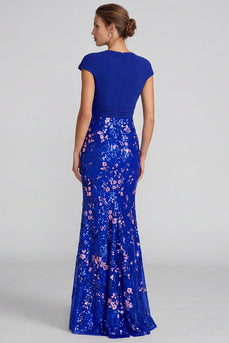 Sparkly Royal Blue Mermaid Sequins V-Neck Long Formal Dress