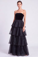 Load image into Gallery viewer, Black A Line Ruffled Tiered Strapless Maxi Formal Dress