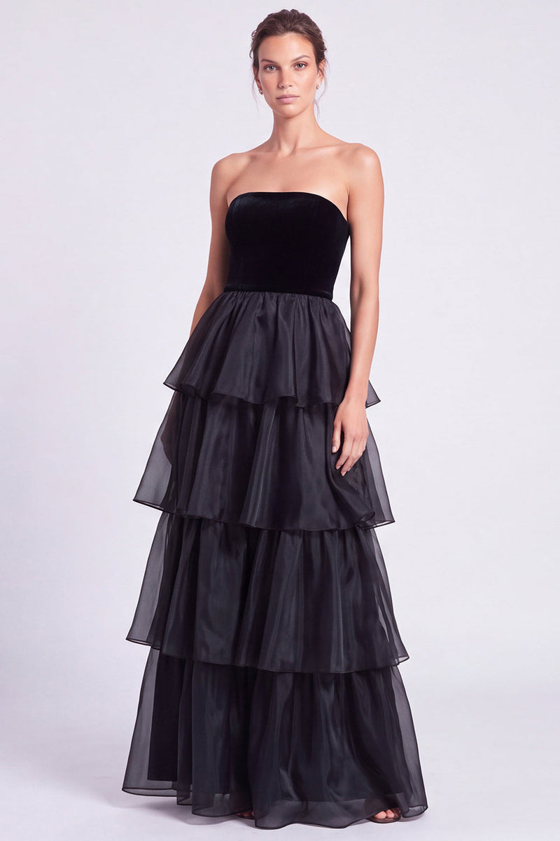 Load image into Gallery viewer, Black A Line Ruffled Tiered Strapless Maxi Formal Dress