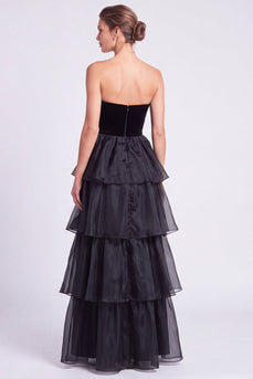 Black A Line Ruffled Tiered Strapless Maxi Formal Dress