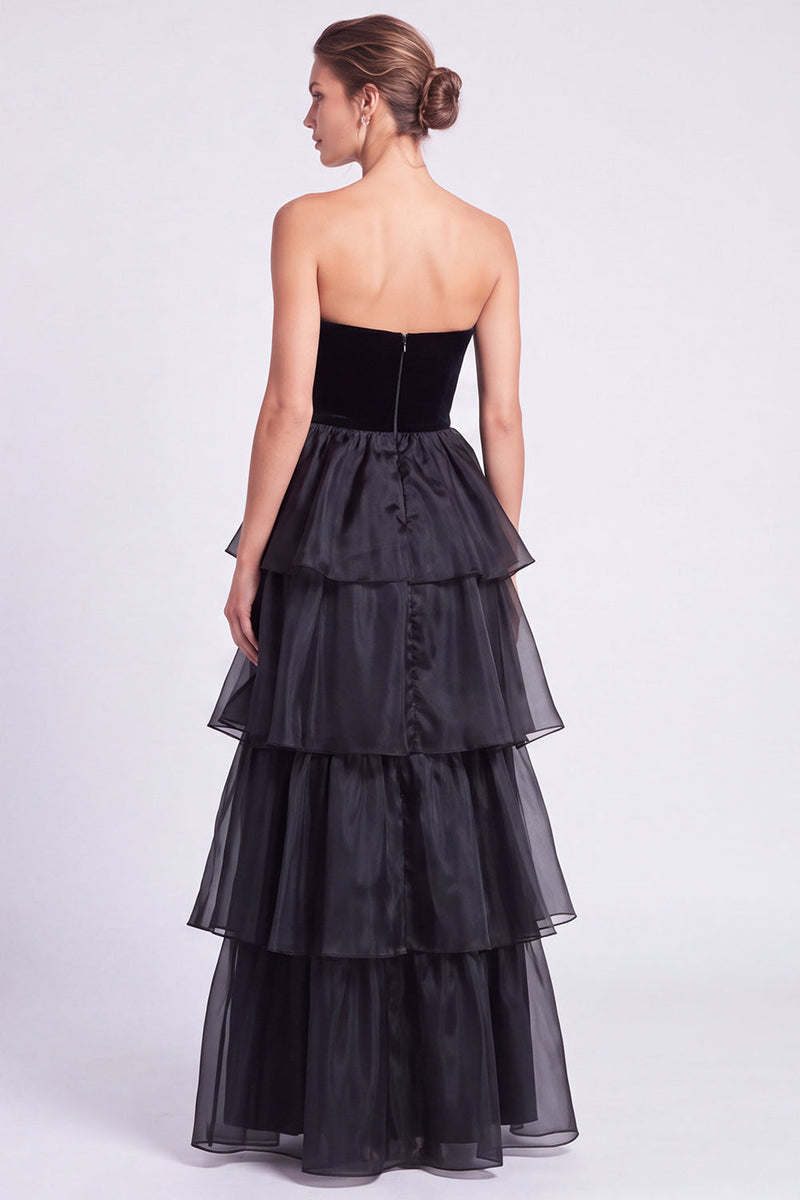 Load image into Gallery viewer, Black A Line Ruffled Tiered Strapless Maxi Formal Dress