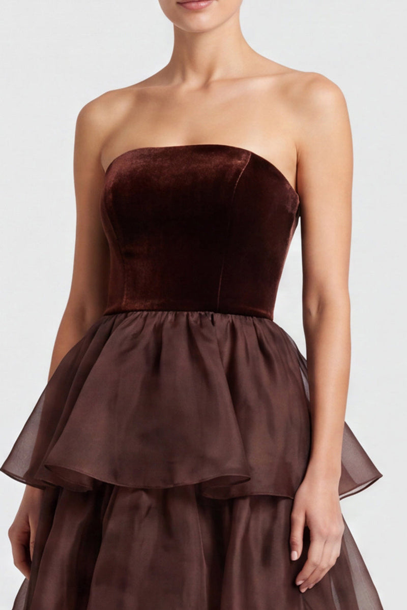 Load image into Gallery viewer, Black A Line Ruffled Tiered Strapless Maxi Formal Dress
