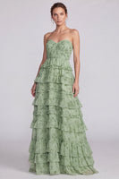 Load image into Gallery viewer, Floral Sage Green Ruffled Tiered Sweetheart A Line Long Formal Dress