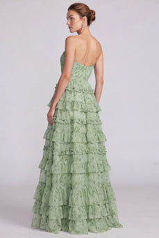 Floral Sage Green Ruffled Tiered Sweetheart A Line Long Formal Dress