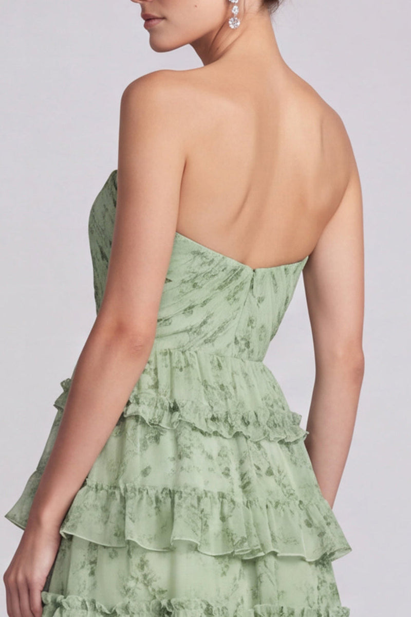 Load image into Gallery viewer, Floral Sage Green Ruffled Tiered Sweetheart A Line Long Formal Dress