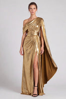 Load image into Gallery viewer, Gold Metallic Sheath Ruched One Shoulder Long Formal Dress with Side Cape