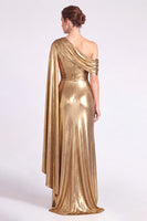 Load image into Gallery viewer, Gold Metallic Sheath Ruched One Shoulder Long Formal Dress with Side Cape