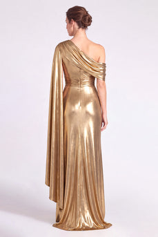 Gold Metallic Sheath Ruched One Shoulder Long Formal Dress with Side Cape