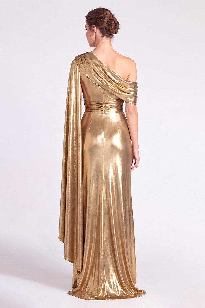 Load image into Gallery viewer, Gold Metallic Sheath Ruched One Shoulder Long Formal Dress with Side Cape