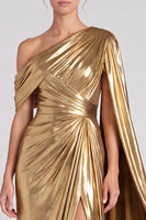 Load image into Gallery viewer, Gold Metallic Sheath Ruched One Shoulder Long Formal Dress with Side Cape