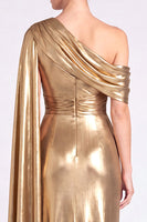 Load image into Gallery viewer, Gold Metallic Sheath Ruched One Shoulder Long Formal Dress with Side Cape