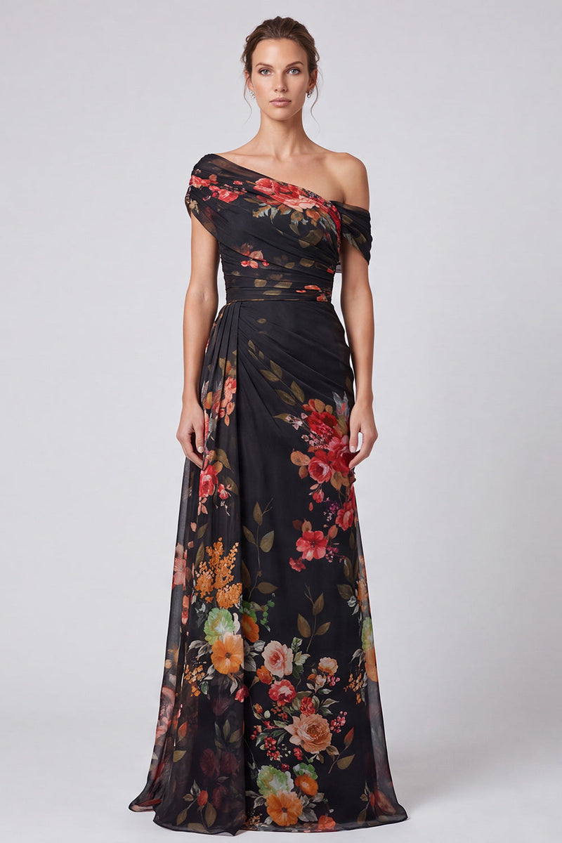 Load image into Gallery viewer, Floral A Line Ivory One Shoulder Long Formal Dress with Side Cape
