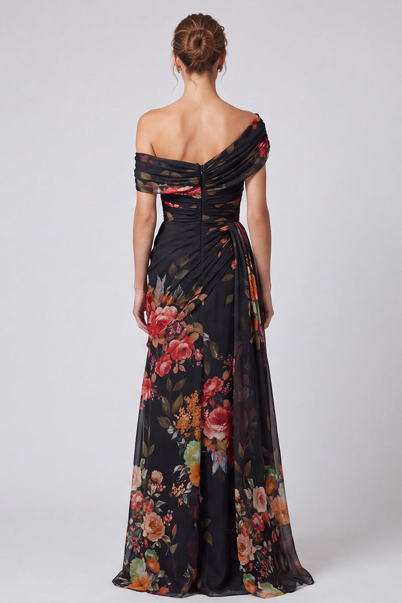 Load image into Gallery viewer, Floral A Line Ivory One Shoulder Long Formal Dress with Side Cape