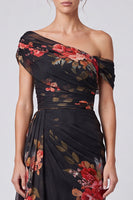 Load image into Gallery viewer, Floral A Line Ivory One Shoulder Long Formal Dress with Side Cape