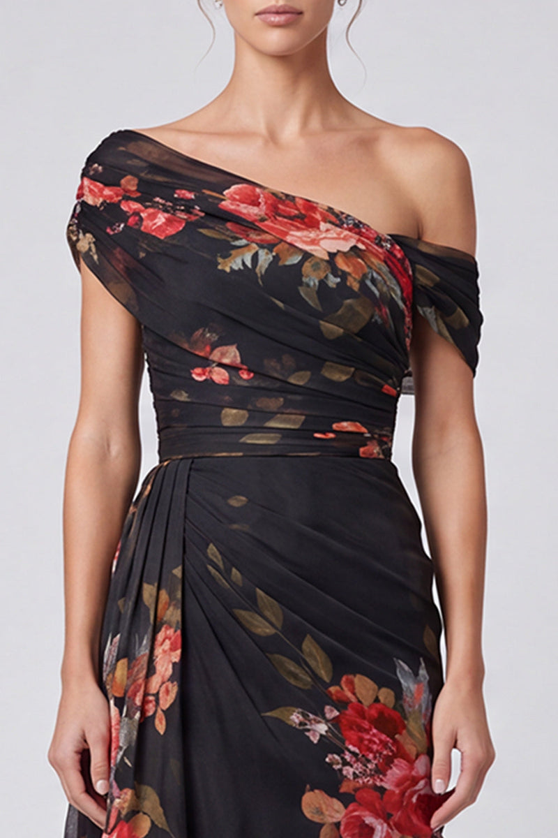 Load image into Gallery viewer, Floral A Line Ivory One Shoulder Long Formal Dress with Side Cape