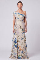 Load image into Gallery viewer, Floral A Line Ivory One Shoulder Long Formal Dress with Side Cape