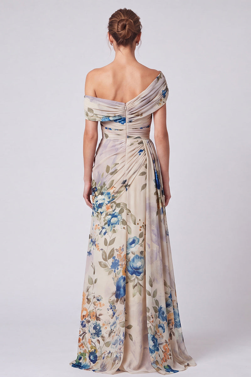 Load image into Gallery viewer, Floral A Line Ivory One Shoulder Long Formal Dress with Side Cape