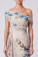 Load image into Gallery viewer, Floral A Line Ivory One Shoulder Long Formal Dress with Side Cape