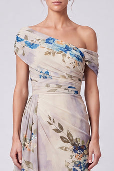 Floral A Line Ivory One Shoulder Long Formal Dress with Side Cape