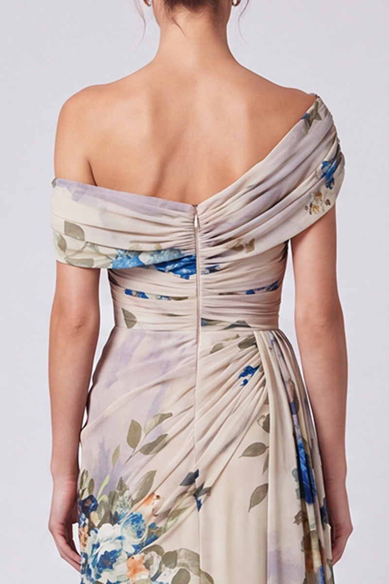 Load image into Gallery viewer, Floral A Line Ivory One Shoulder Long Formal Dress with Side Cape