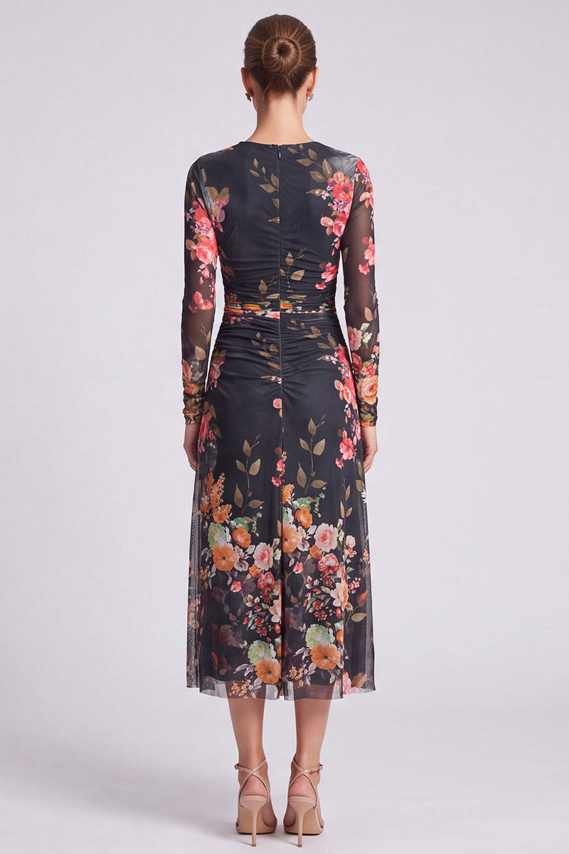 Load image into Gallery viewer, Floral Ivory A Line Round Neck Long Formal Dress with Sleeves