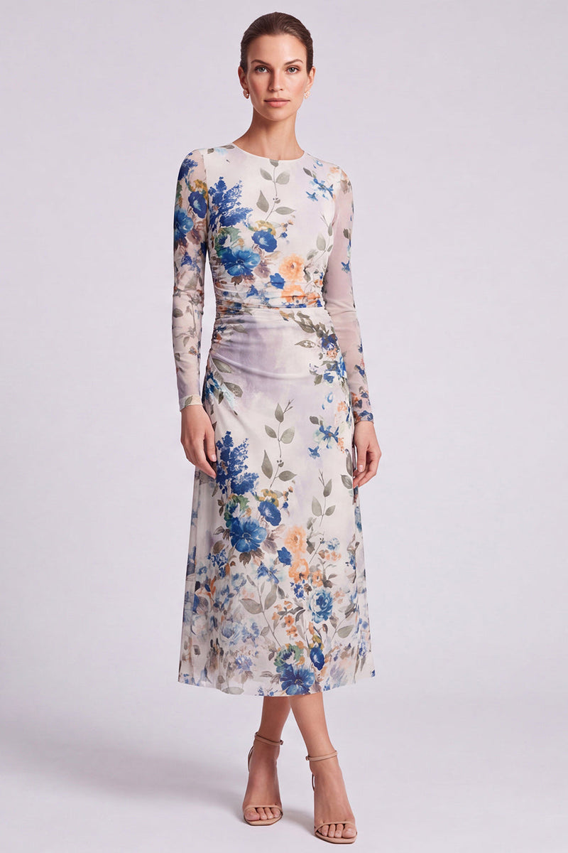 Load image into Gallery viewer, Floral Ivory A Line Round Neck Long Formal Dress with Sleeves
