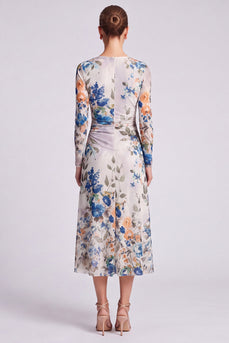 Floral Ivory A Line Round Neck Long Formal Dress with Sleeves