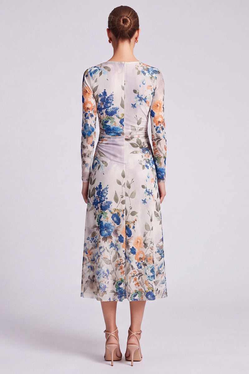 Load image into Gallery viewer, Floral Ivory A Line Round Neck Long Formal Dress with Sleeves
