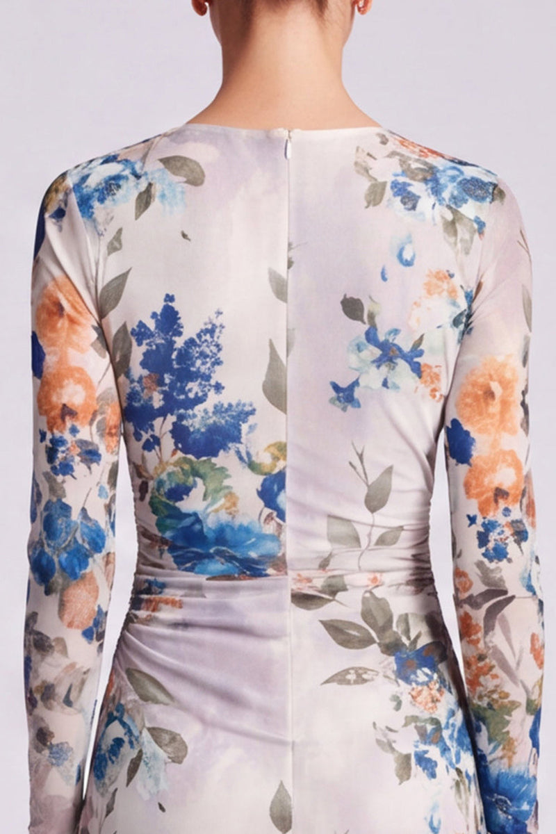 Load image into Gallery viewer, Floral Ivory A Line Round Neck Long Formal Dress with Sleeves