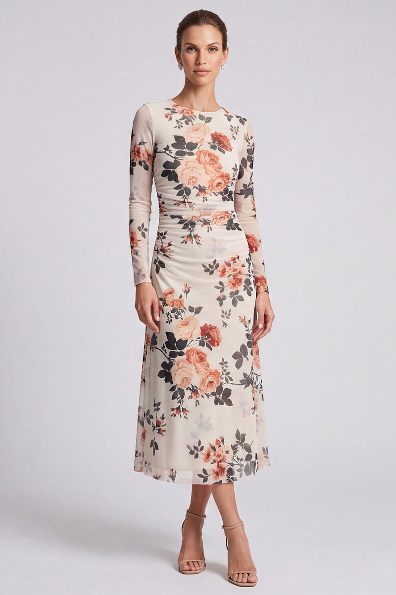 Load image into Gallery viewer, Floral Ivory A Line Round Neck Long Formal Dress with Sleeves