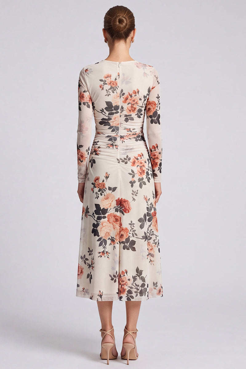 Load image into Gallery viewer, Floral Ivory A Line Round Neck Long Formal Dress with Sleeves