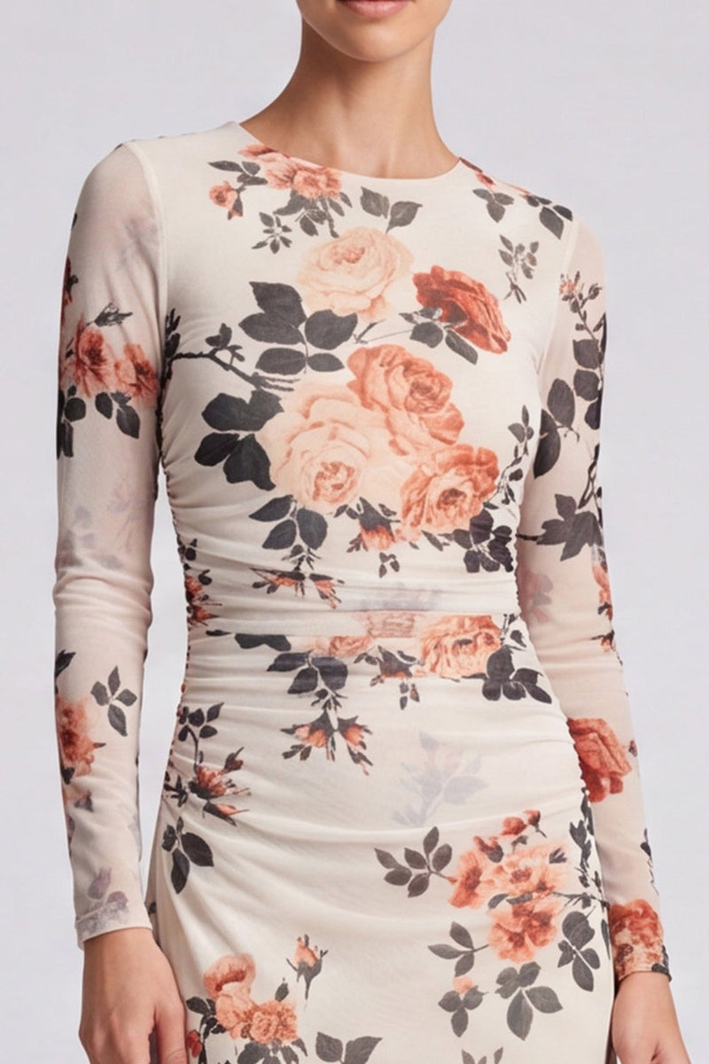 Load image into Gallery viewer, Floral Ivory A Line Round Neck Long Formal Dress with Sleeves